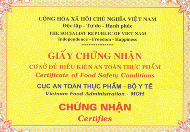 Giấy chứng nhận vệ sinh an toàn thực phẩm