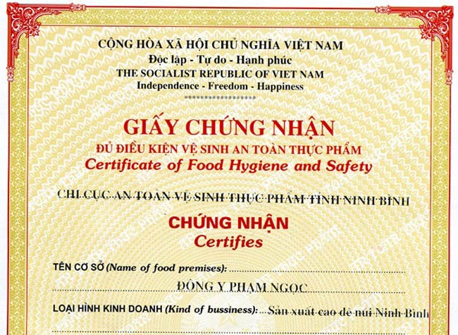 Giấy chứng nhận VSATTP, giấy vệ sinh an toàn thực phẩm