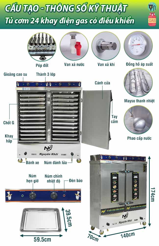 Thông số cấu tạo tủ nấu cơm 24 khay điện gas 
