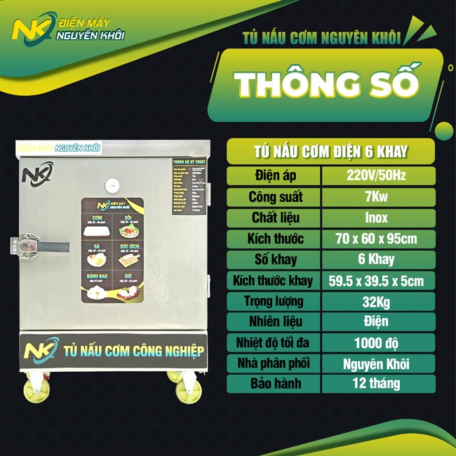 Thông số của tủ cơm điện 6 khay Nguyên Khôi