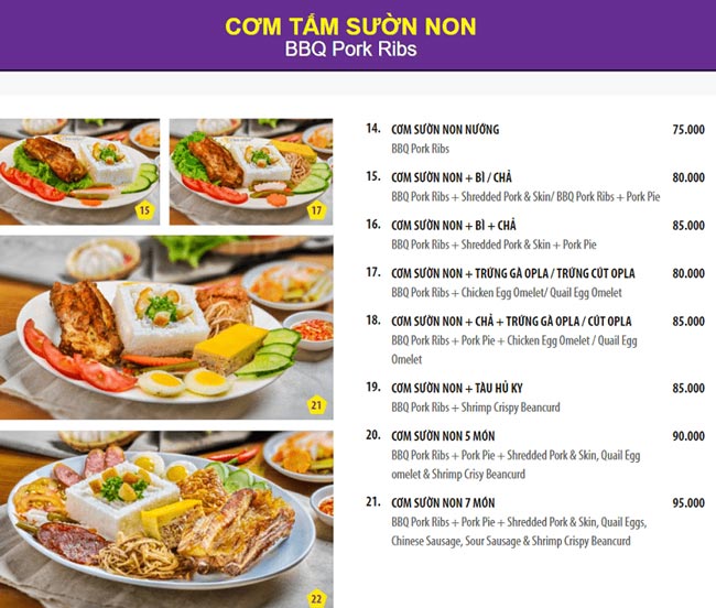 Menu quán cơm tấm đơn giản 