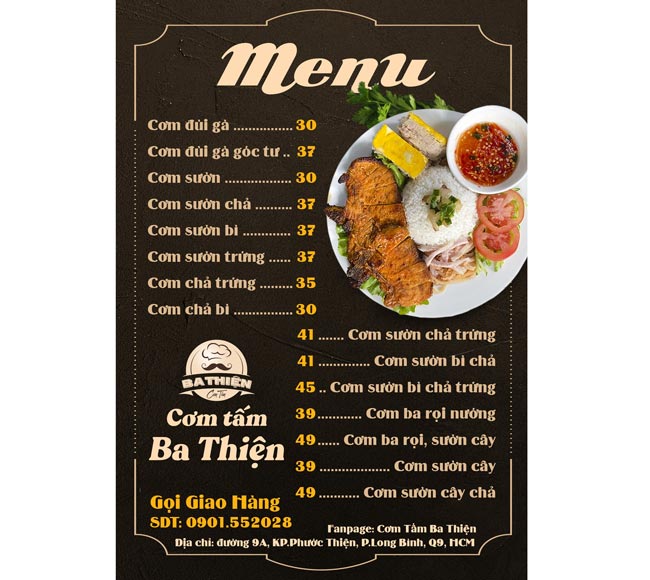 Menu quán cơm tấm truyền thống 