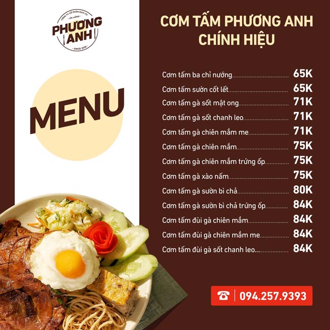 Menu quán cơm tấm màu nâu sang trọng 