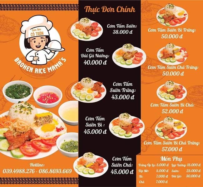 Menu quán cơm tấm phong cách hiện đại, trẻ trung 